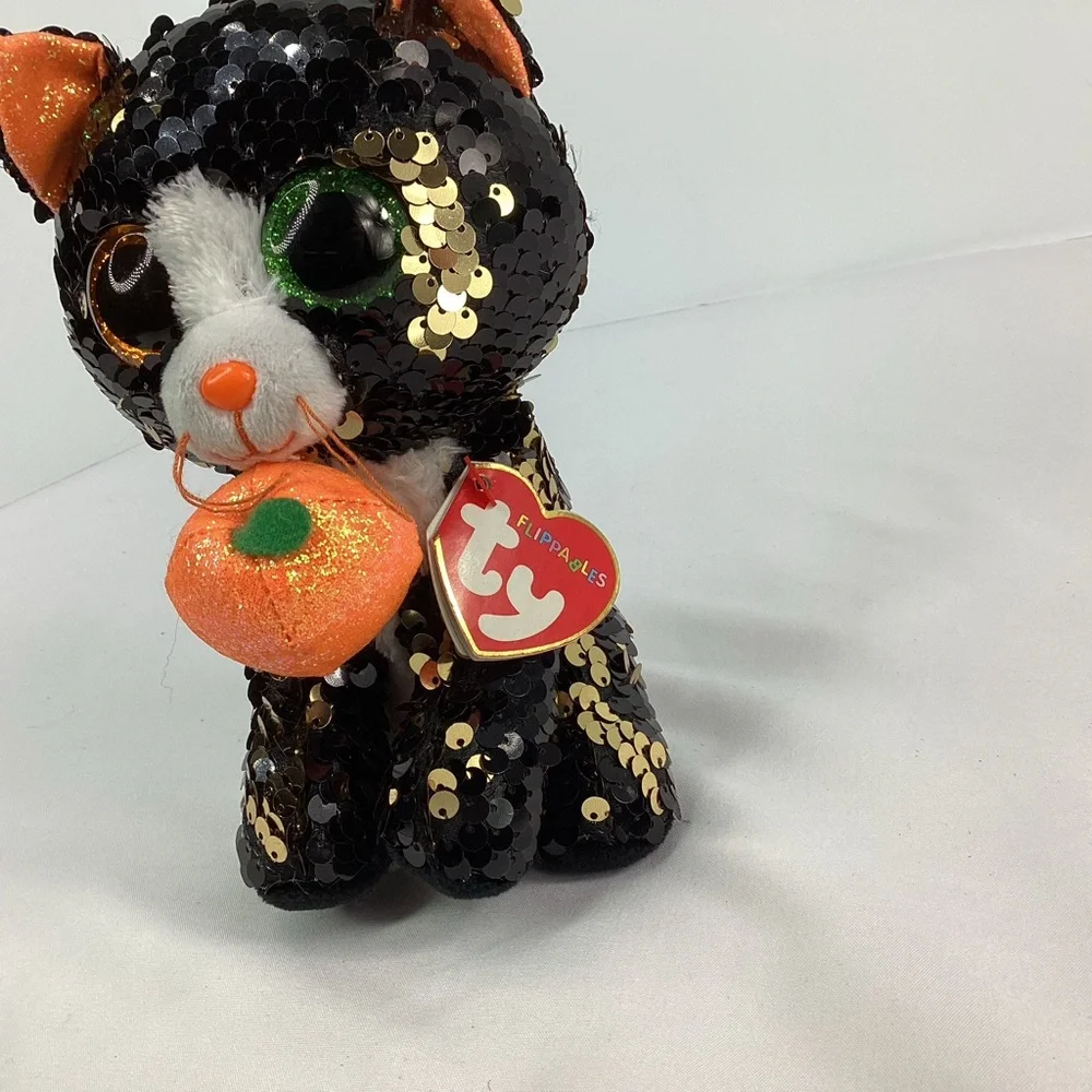 Ty Flippables Plush Jinx Black Cat Pumpkin 6” Halloween Sequins Stuffed Animal - Picture 6 of 11